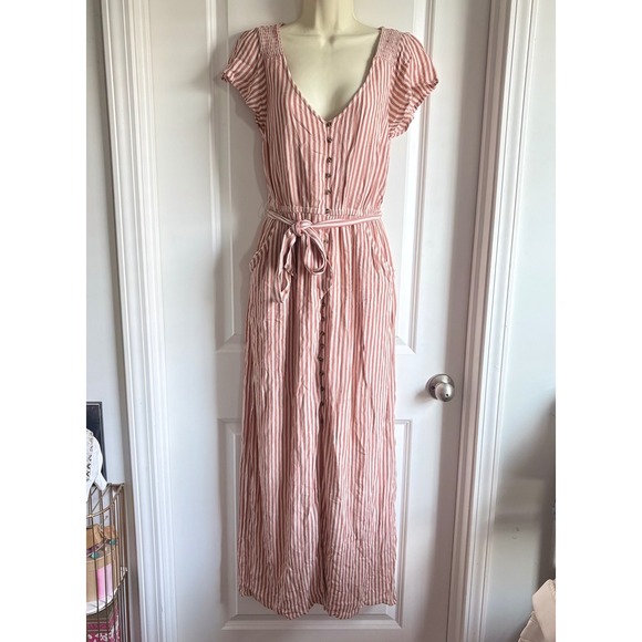 American Eagle Outfitters Dresses & Skirts - American Eagle Pink White Striped Maxi Dress Button Front Tie Waist Small